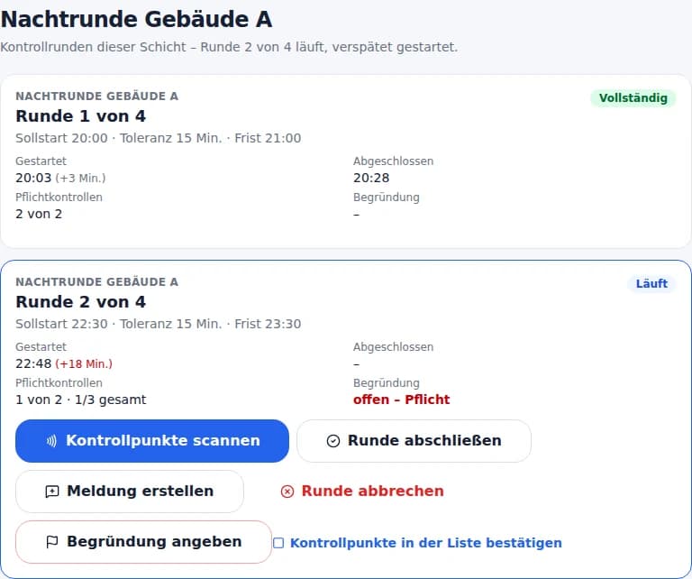 Kontrollrunden mit Sollstart, Toleranz, Abschlussfrist und offenem Verspätungsgrund sowie Buttons für Scan und Meldung