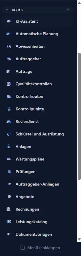 Originalmenü mit Aufträgen, Qualität, Sicherheitsdienst, Technik und Verkauf