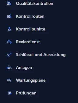 Menüausschnitt mit Kontrollrouten, Revierdienst, Ausrüstung, Anlagen, Wartung und Prüfungen